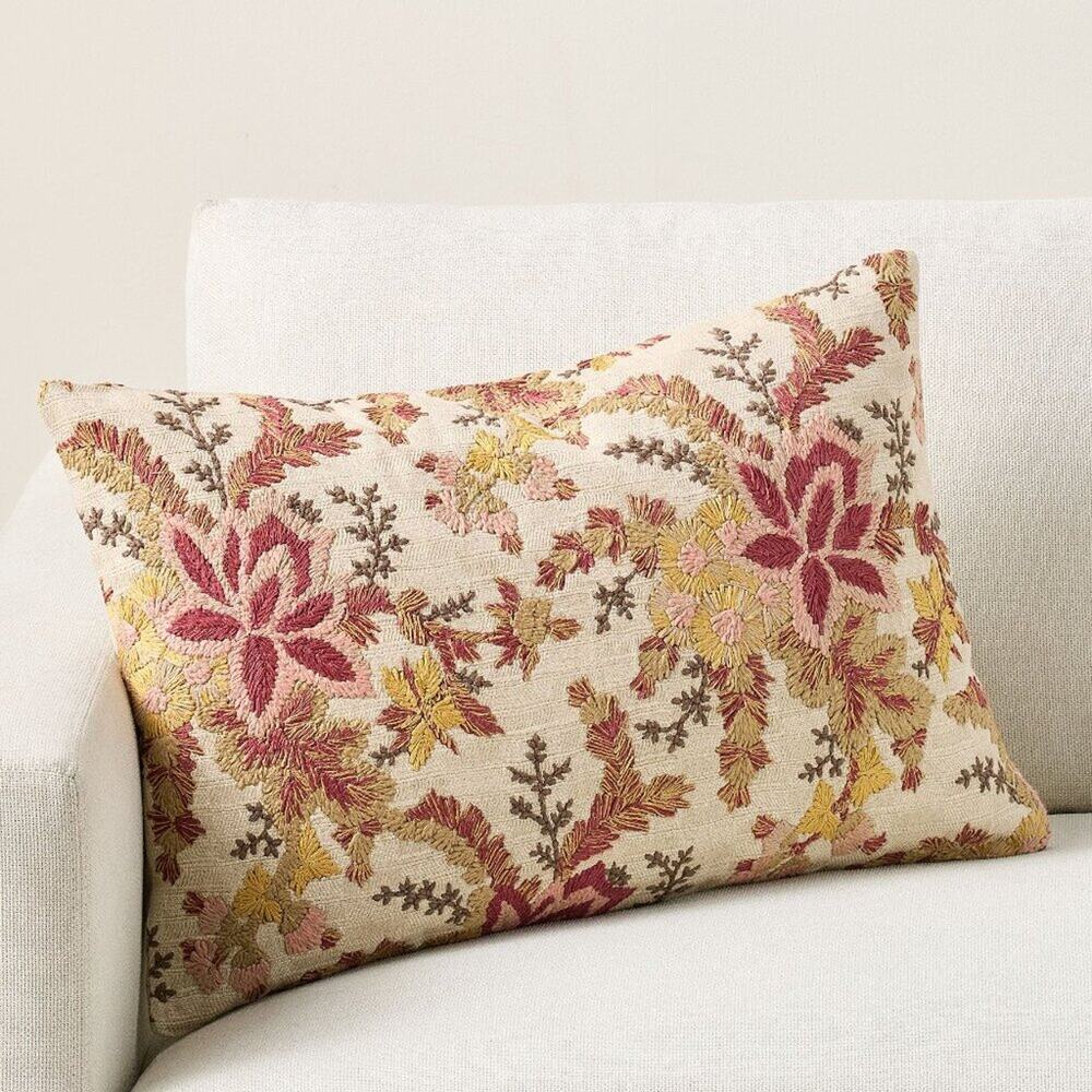 Pottery Barn Alia Embroidered Lumbar Pillow Cover Floral Decor Linen Cream NEW